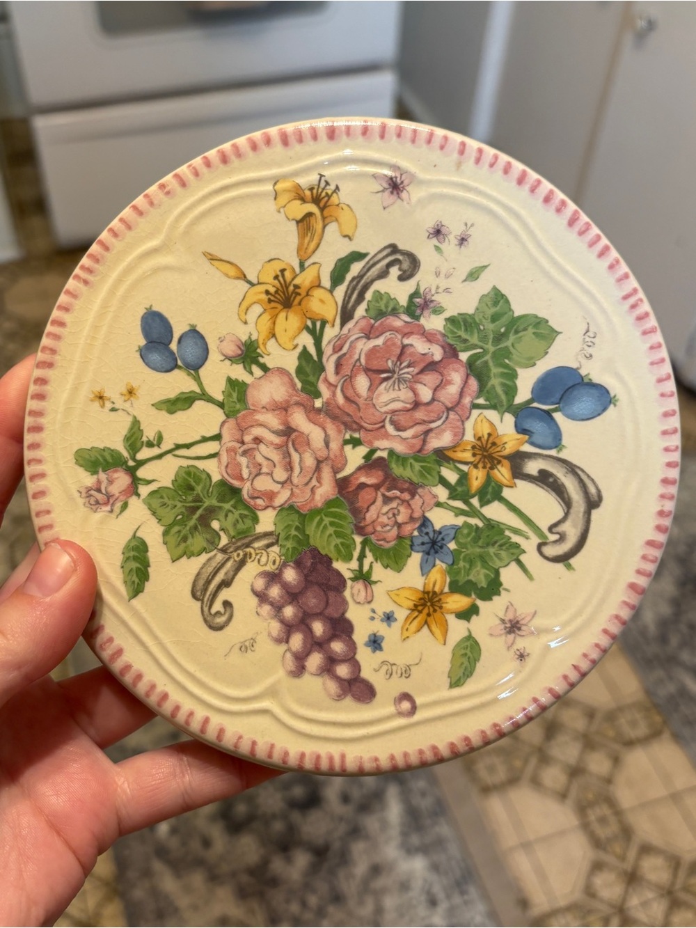 Vintage Himark Floral and Fruits Ceramic Trivet Hot Plate with Pink Trim